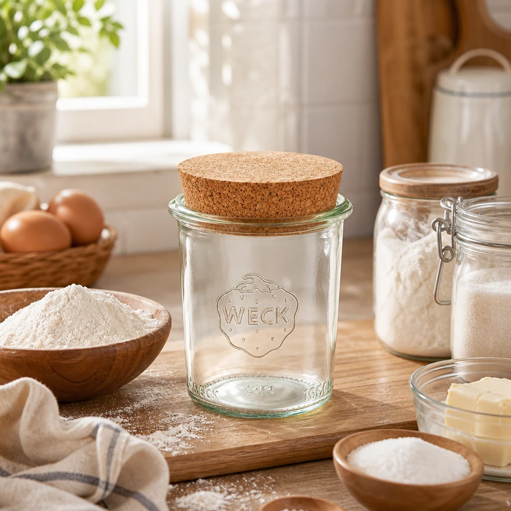 Bicchieri da 160 ml WECK RR60 con tappo in sughero naturale WECK 160ml RR60 mason jar con tappo su una tavola di legno in una cucina calda, circondata da ingredienti da forno, farina e uova.