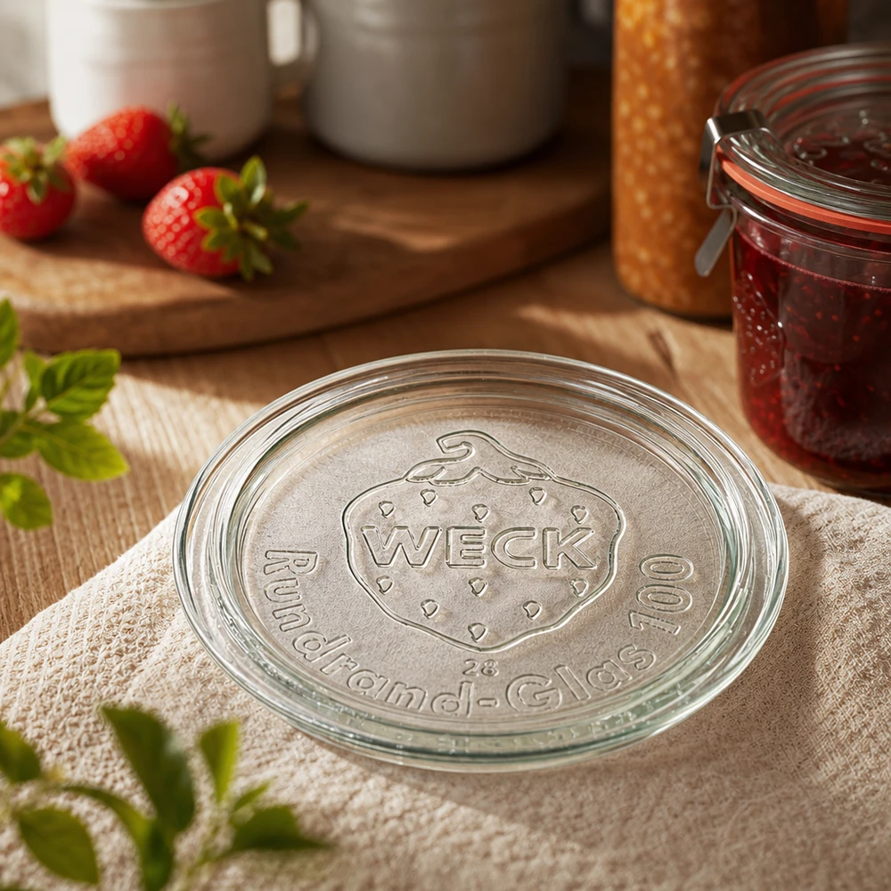 Coperchio per barattoli WECK RR100 Coperchio del barattolo WECK RR100 Primo piano con il logo del marchio in rilievo su un telo da cucina accanto alla marmellata di fragole in un barattolo