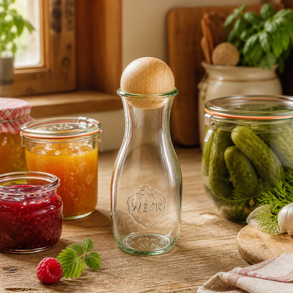 Bottiglia per succhi di frutta da 530 ml WECK RR60 con sfera in legno di faggio Bottiglia di succo WECK da 530 ml con tappo in legno in cucina rustica accanto a barattoli di marmellata e sottaceti