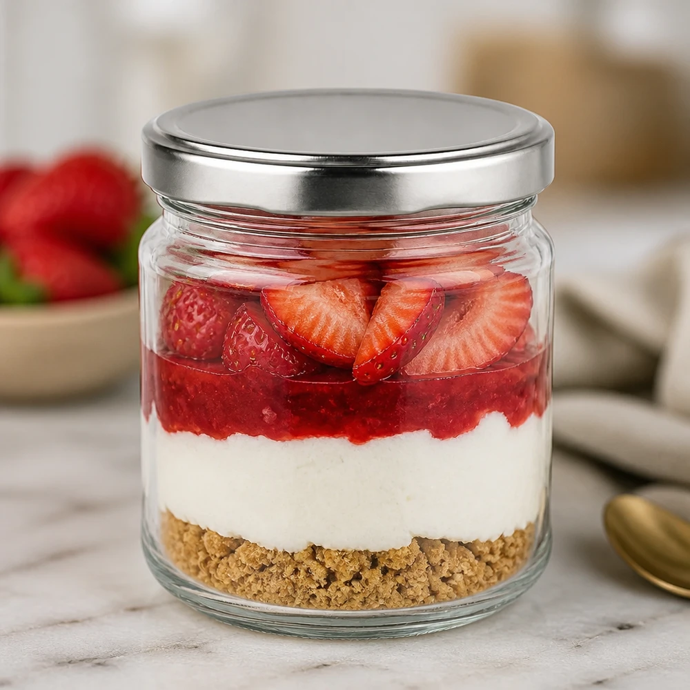 212ml Rundglas + BasicSeal Deckel silber TO63 UNiTWIST Vasetto rotondo da 212 ml con coperchio BasicSeal come vasetto da dessert per cheesecake alla fragola in vasetto con base di biscotto e panna