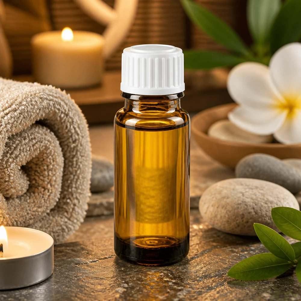 Apothekenflasche braun 10ml Schraubverschluss weiß Standard Braune Glasflasche 10ml für ätherische Öle weißer Schraubdeckel neben Plumeria-Blüte