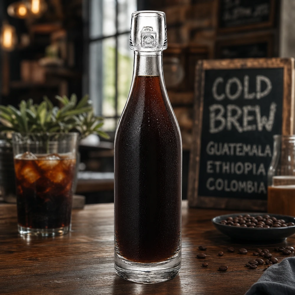 Bottiglia in vetro da 50 ml senza tappo UNiTWIST Bottiglia di vetro da 50 ml UNiTWIST riempita di caffè cold brew su un tavolo di legno con chicchi di caffè e vetro