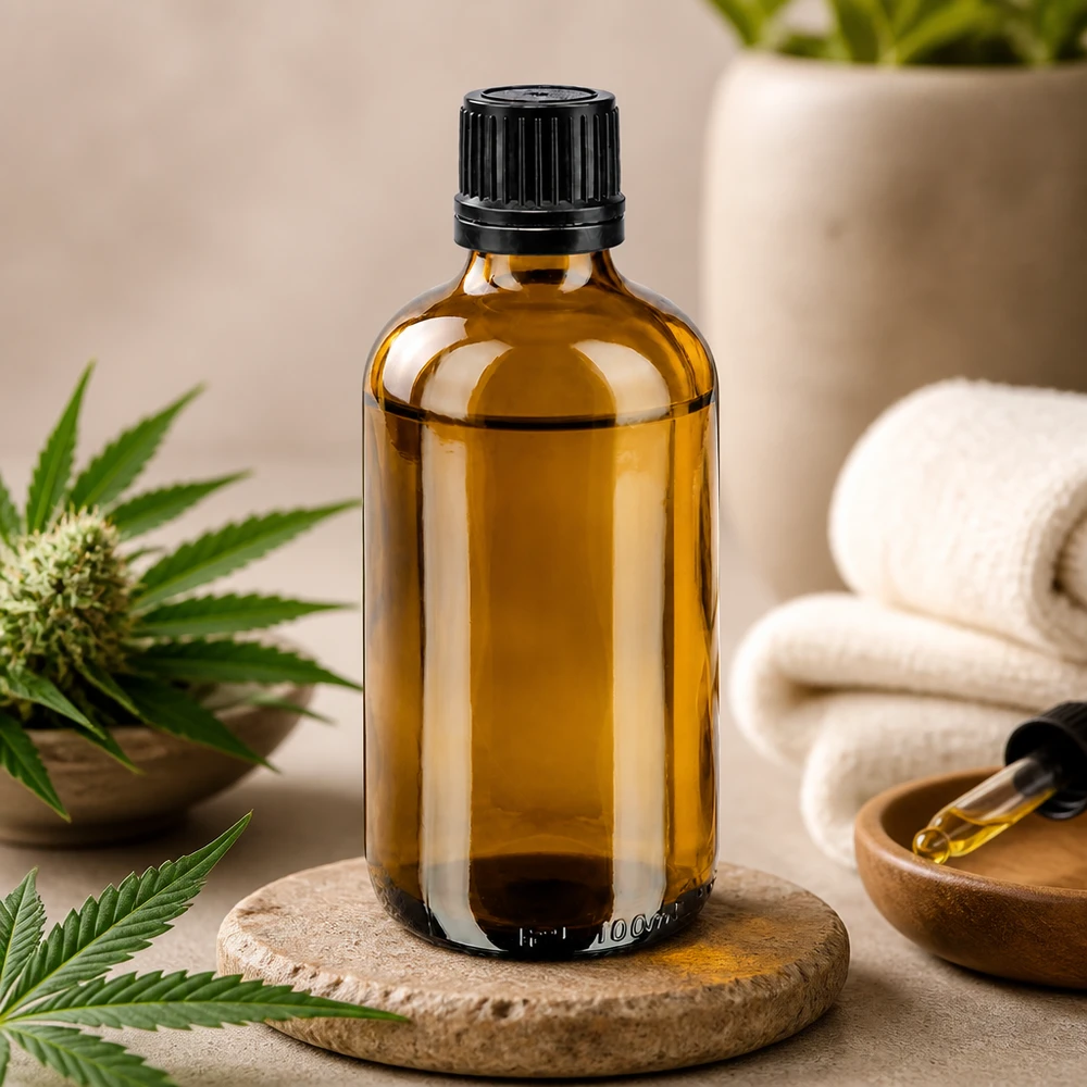 Flacon compte-gouttes en verre ambré de 100 ml avec bouchon OV noir, à côté d'une plante de cannabis CBD