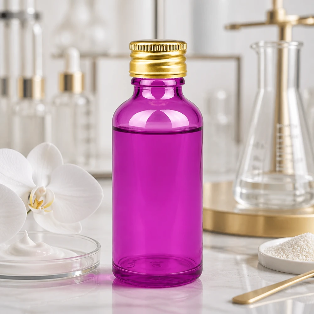 Flacone da 50ml tappo a vite 11mm alluminio oro standard PurpleLine. UT18/50 Bottiglia di qualità da laboratorio da 50 ml in vetro borosilicato viola con proprietà di resistenza chimica