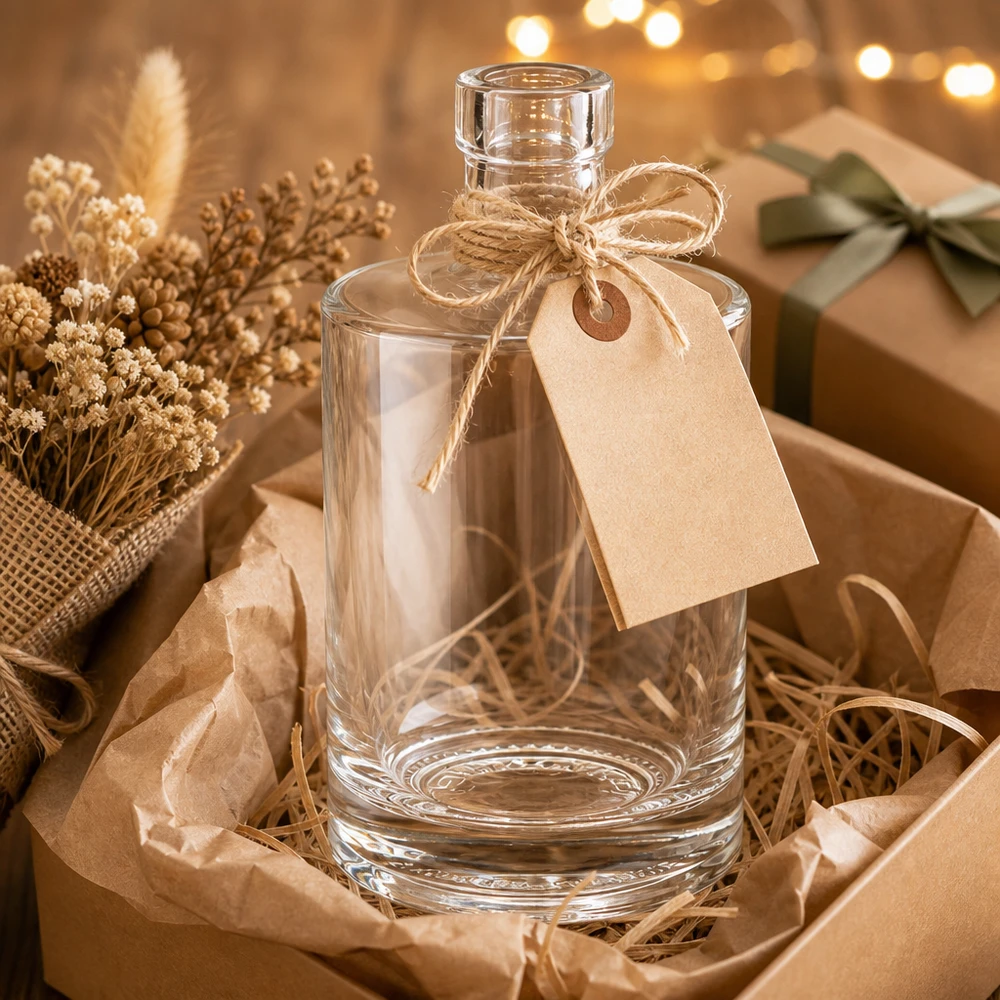 Bottiglia in vetro da 500 ml Marie come idea regalo con etichetta in carta kraft e cordoncino di iuta in confezione rustica