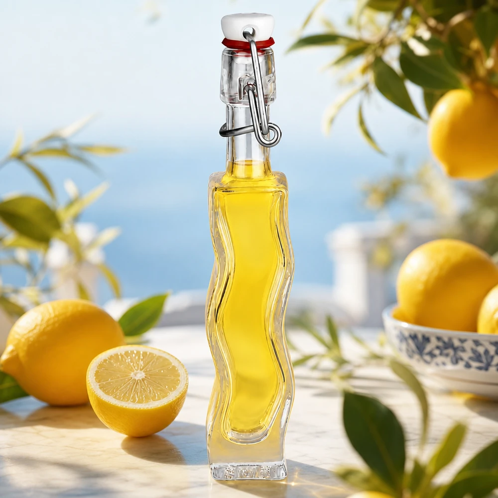 Flacone in vetro da 40 ml Fila con tappo a clip in PVC UNiTWIST® 40ml Glasflasche Anna mit gelber Zitronenessenz auf weißer Marmorplatte mit frischen Zitronen und Kräutern im Mediterran