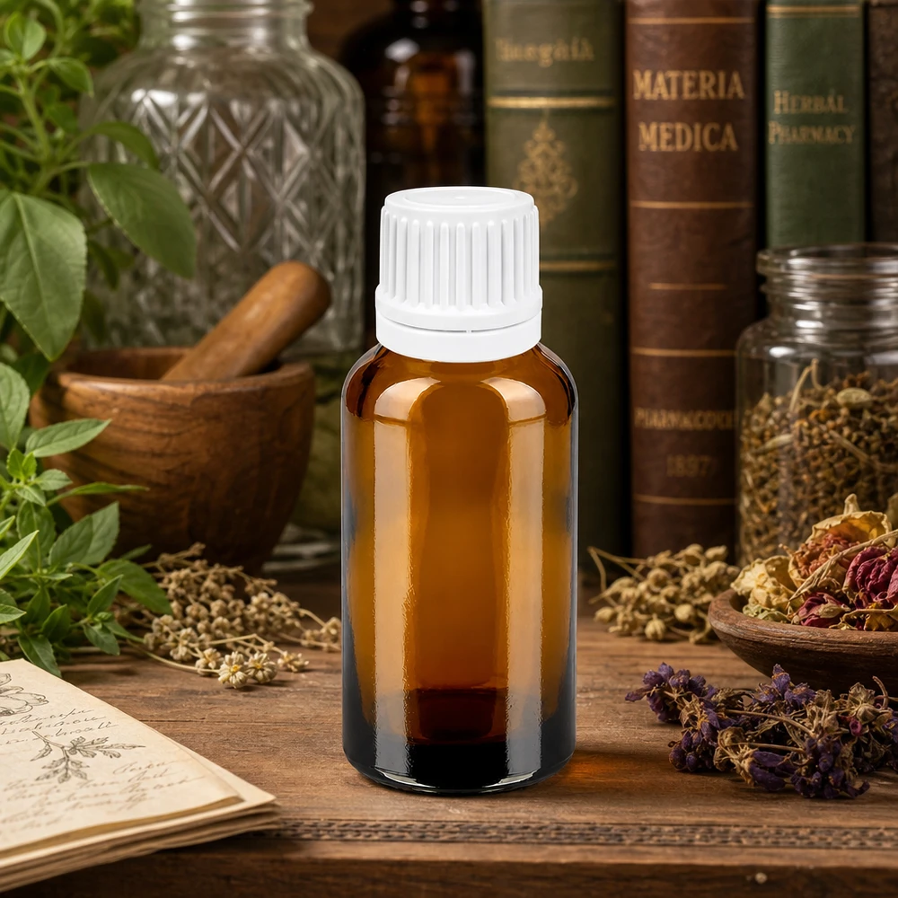 Flacone da 30 ml protetto dalla luce e dotato di un sistema di versamento senza sgocciolamento per estratti e oli di erbe.
