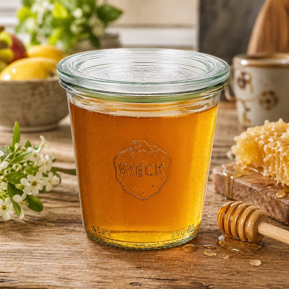 290ml Sturzglas hoch mit Glasdeckel WECK RR80 WECK Sturzglas 290ml RR80 mit goldenem Honig befüllt und Honiglöffel als Verwendungsbeispiel im rustikalen Ambiente