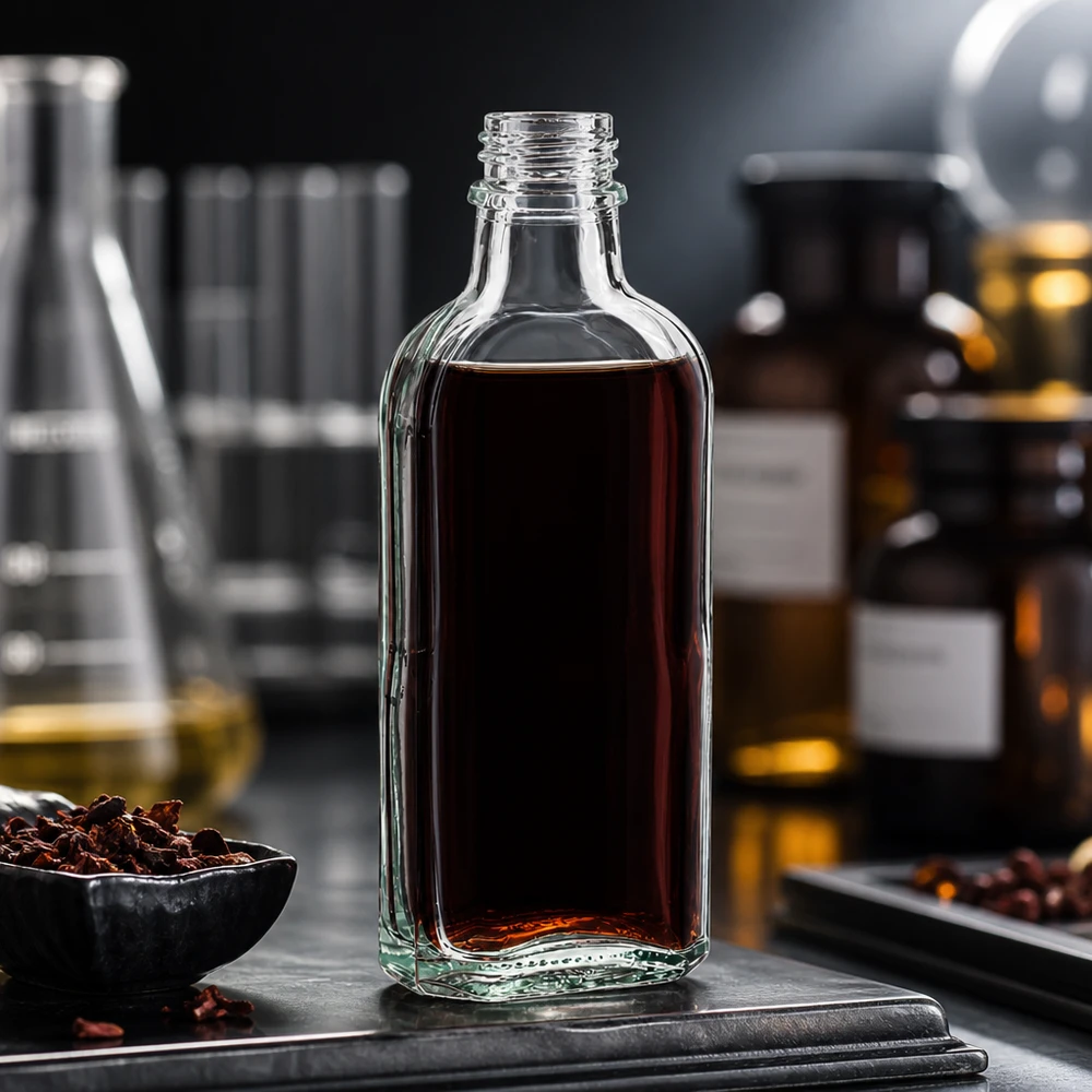 Bottiglia da 100 ml trasparente DIN22 Liquido marrone in un flacone Meplat da 100 ml trasparente con tappo DIN22 in ambiente di laboratorio