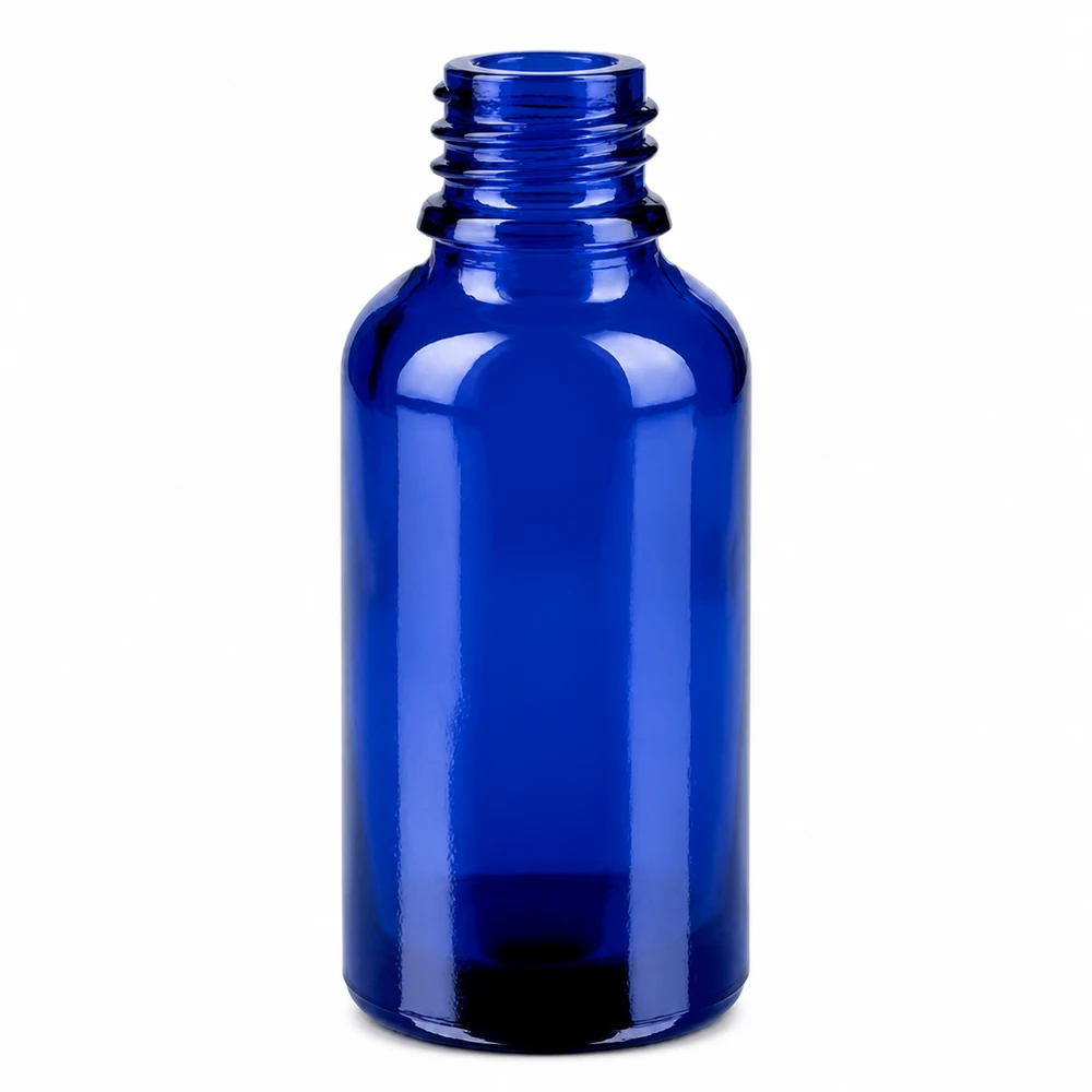 30ml Flasche 11mm Schraubverschluss weiß Standard Kindersicherung BlueLine UT18/30 Kompakte 30ml Blauglasflasche mit weiter Öffnung für einfaches Befüllen und Entleeren
