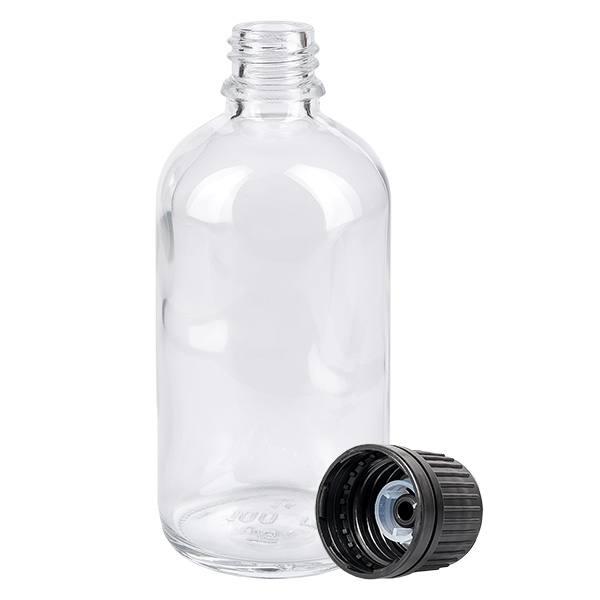 100ml (Globul)Flas. 8mm GR s. STD ClearL. UT18/100 Flacone da farmacia vuoto da 100 ml in vetro trasparente con filettatura da 18 mm e tappo contagocce nero