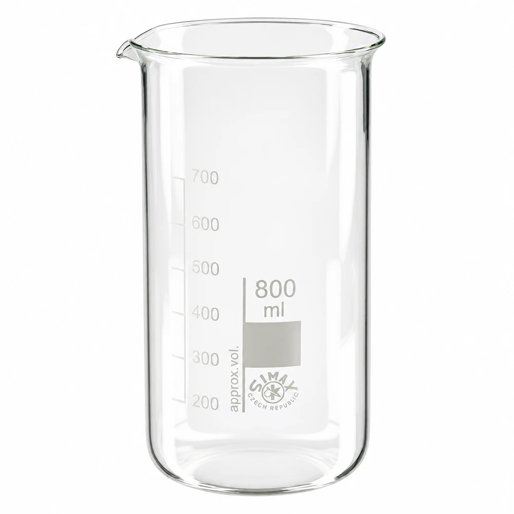 Bicchiere da 800 ml in vetro borosilicato, forma alta Bicchiere da laboratorio da 800 ml, modello alto, in vetro borosilicato con scala in millilitri, prodotto da SIMAX Czech Republic
