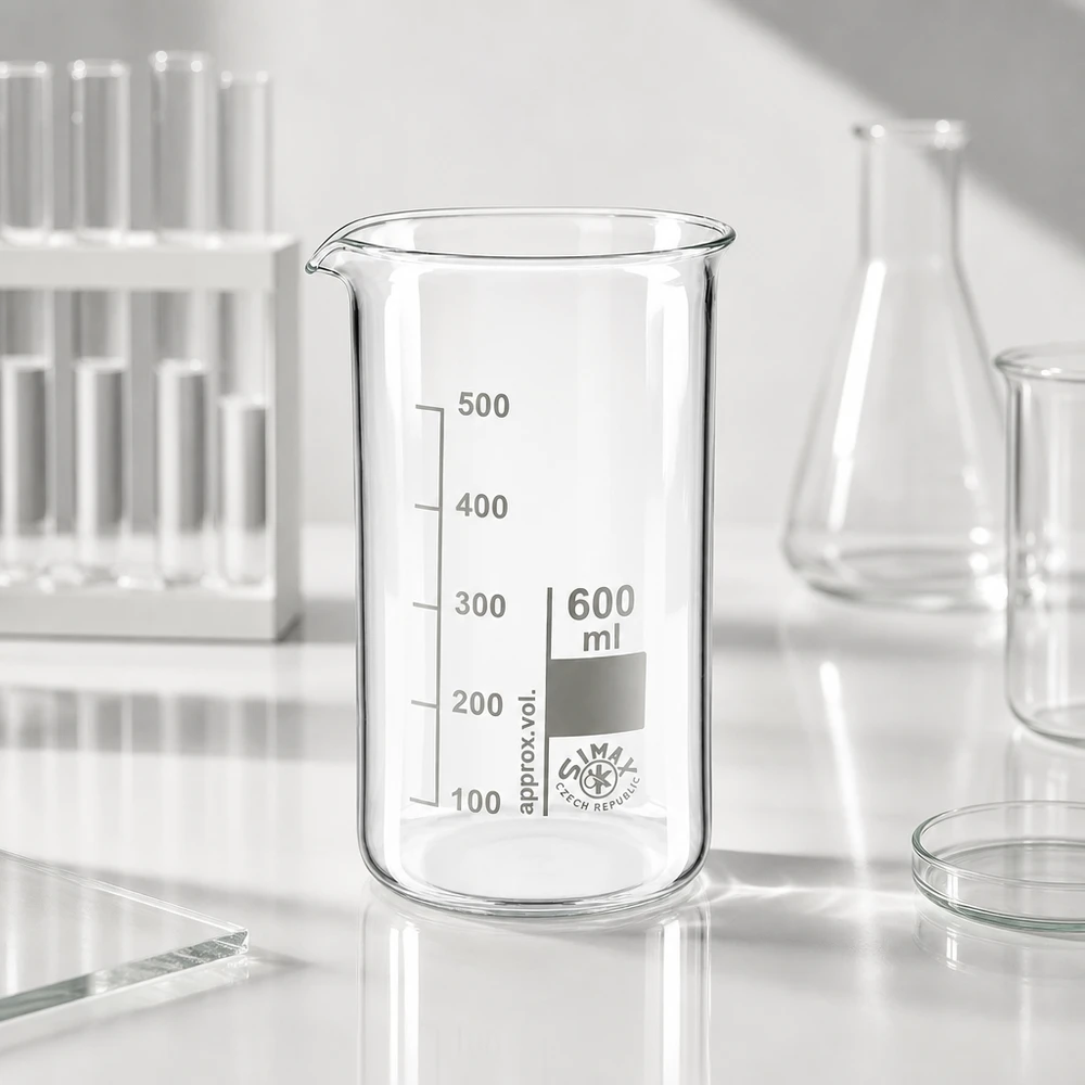 Becher vuoto da 600 ml, forma alta, in vetro borosilicato trasparente con scala millimetrica, per uso di laboratorio