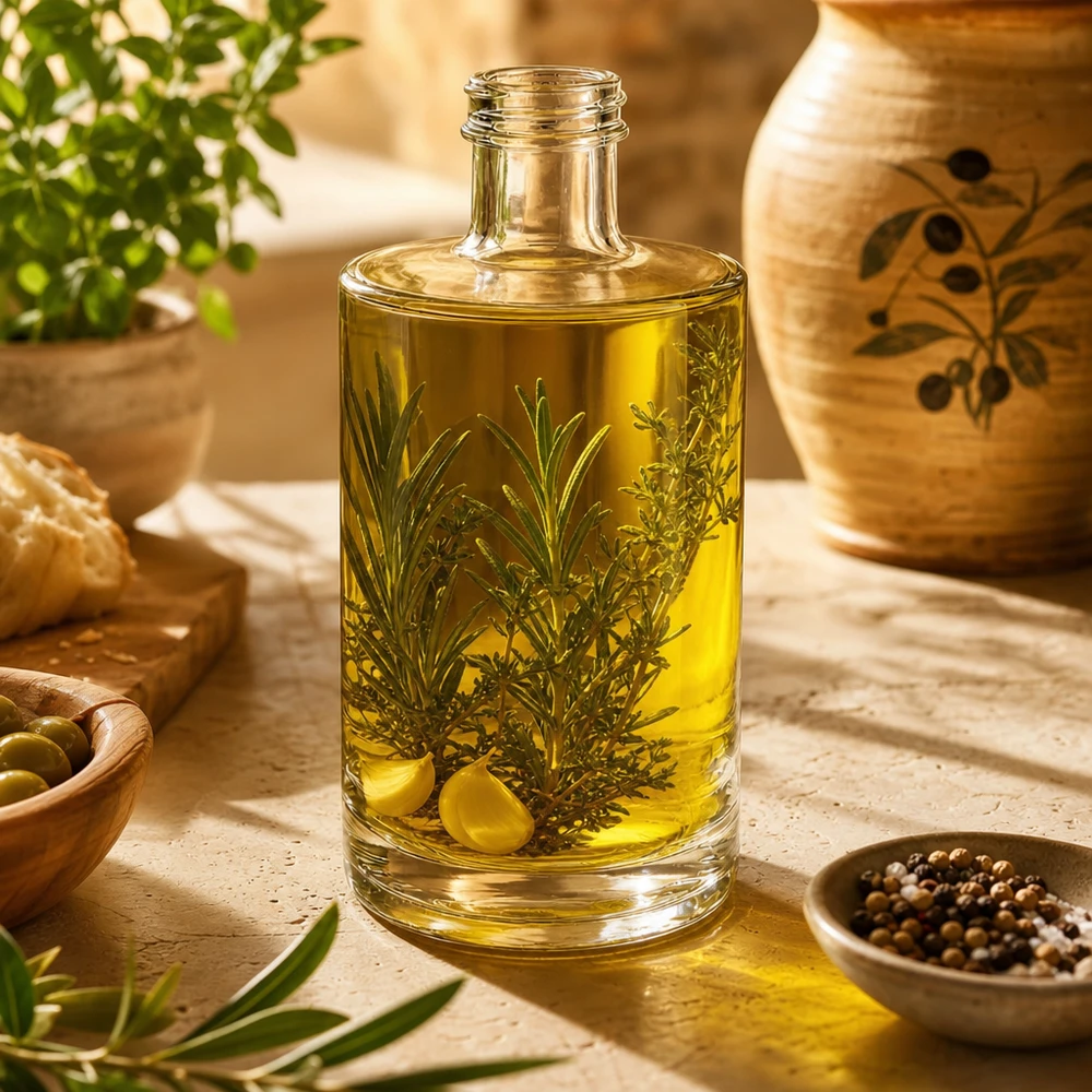 Bottiglia in vetro da 375 ml di Sam riempita con olio alle erbe e decorata con olive e spezie mediterranee