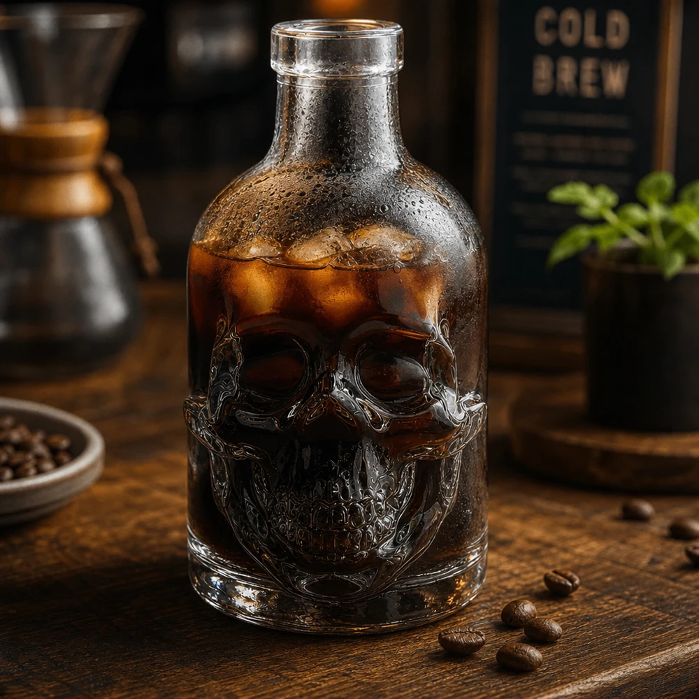 200ml Glasflasche "Jack" ohne Verschluss UNiTWIST 200ml Glasflasche Jack Totenkopf Relief mit Cold Brew Kaffee befüllt Eiskubes Coffeeshop Atmosphäre dunkles Holz