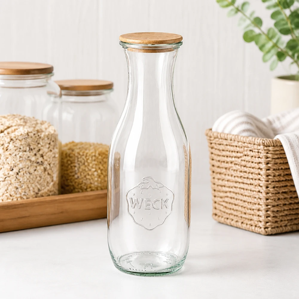 1062ml Saftflasche WECK RR60 mit Holzdeckel WECK Saftflasche 1062ml RR60 leer mit Holzdeckel auf Küchentheke neben Korbwaren und Vorratsgläsern mit Getreide