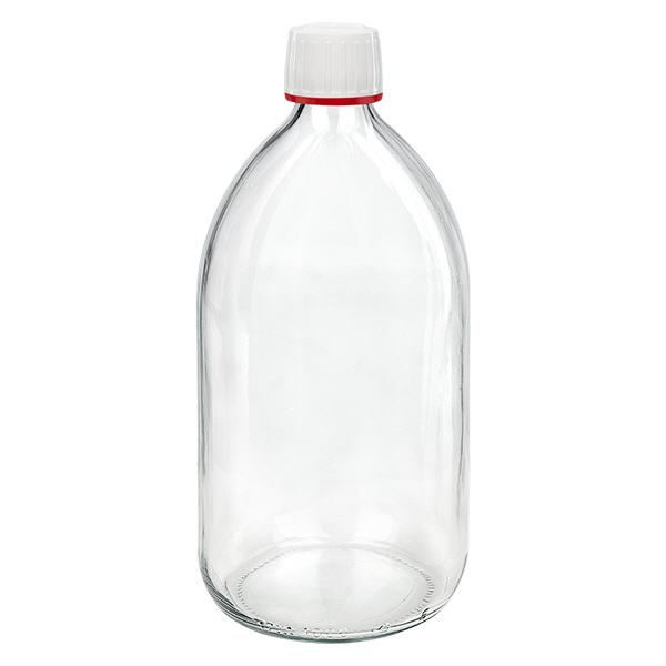 Flacone per medicinali da 1000ml trasparente, tappo bianco antimanomissione Flacone per medicinali da 1000ml trasparente, tappo bianco antimanomissione