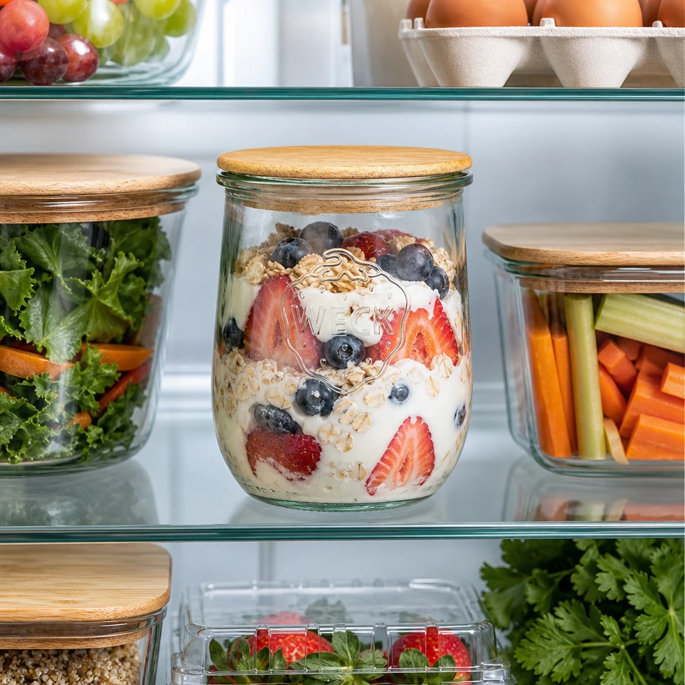 1062ml Tulpenglas WECK RR100 mit Holzdeckel WECK Tulpenglas RR100 1062ml mit Holzdeckel im Kühlschrank gefüllt mit Joghurt Beeren Müsli als gesunde Meal Prep