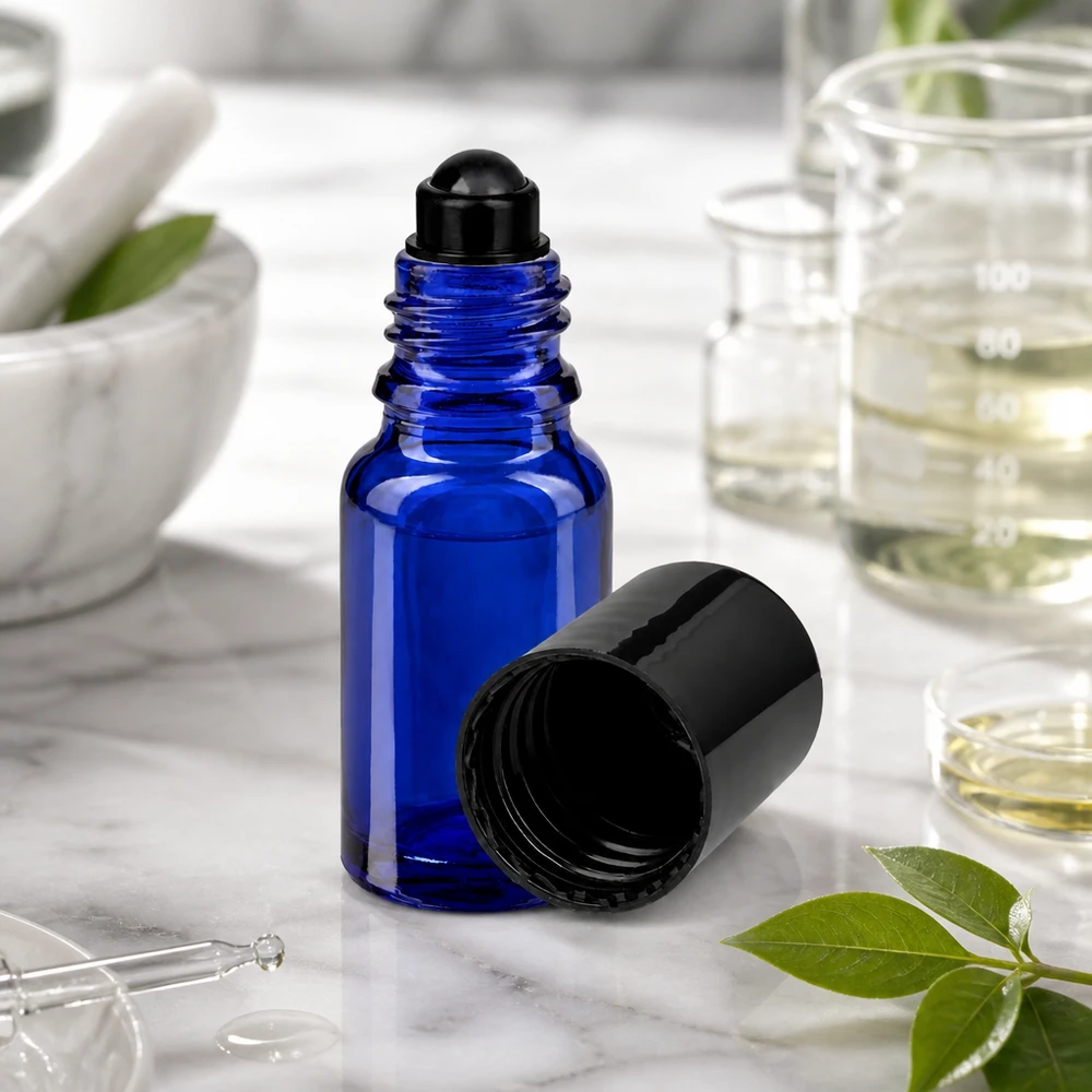 Flacon de déodorant en verre bleu 10 ml, déo à bille vide Flacon roll-on bleu de 10 ml en verre ApoGlas, ouvert, dont le bouchon à vis noir a été retiré, posé sur du marbre