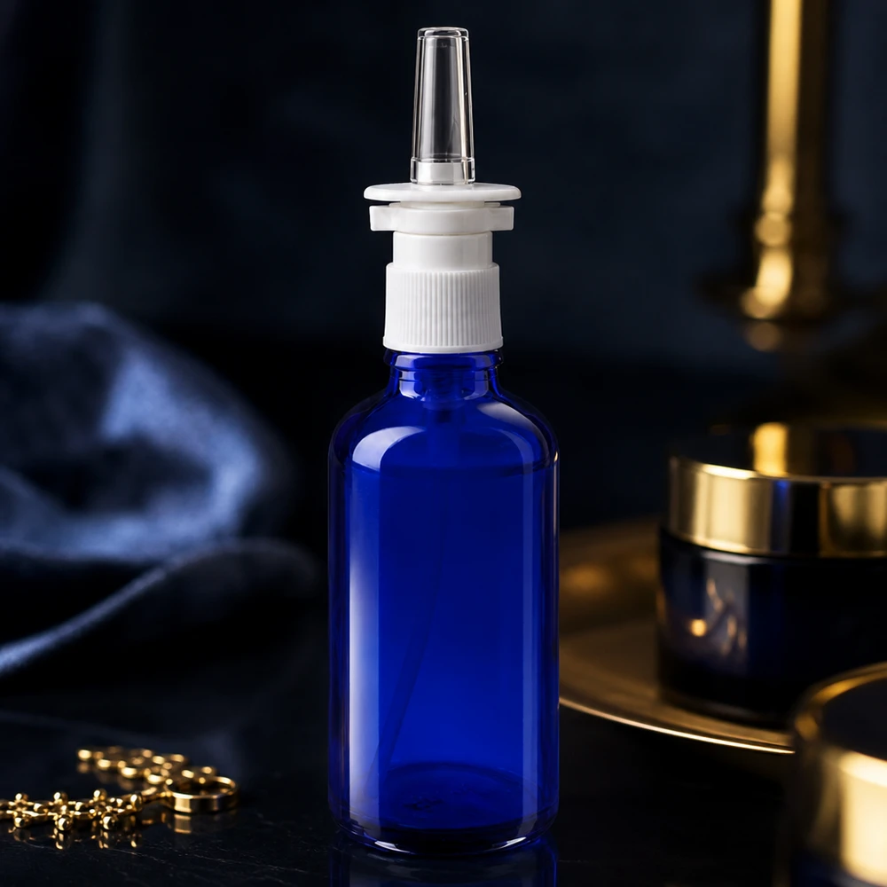 Apothekenflasche blau 50ml Nasenzerstäuber weiß Standard Hochwertige Nasenspray-Glasflasche 50ml in Blau mit weißem Sprühaufsatz für Apotheken