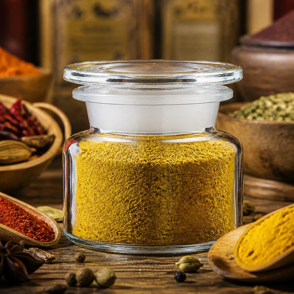 Idea barattolo per spezie: bottiglia da farmacia a collo largo da 50 ml, in vetro trasparente. Barattolo rotondo in vetro trasparente da 50 ml con ampia apertura, ideale per spezie macinate come il curry