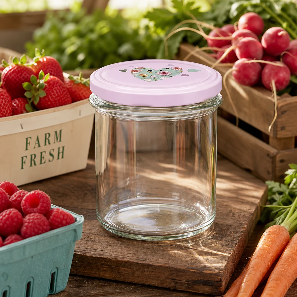 350ml Sturzglas + BasicSeal Deckel Herz rosa UNiTWIST 350ml Sturzglas rosa Herzdeckel zwischen frischem Gemüse Obst Radieschen Erdbeeren Farm Fresh nachhaltige Aufbewahrung
