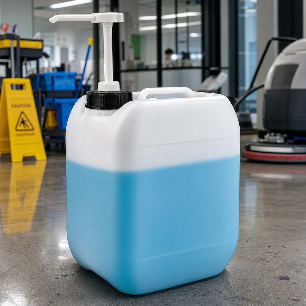 Jerrican de 5 litres avec pompe doseuse Bidon Halbleerer de 5 litres contenant un liquide de nettoyage bleu clair et muni d'une pompe doseuse, dans l'immeuble de bureaux