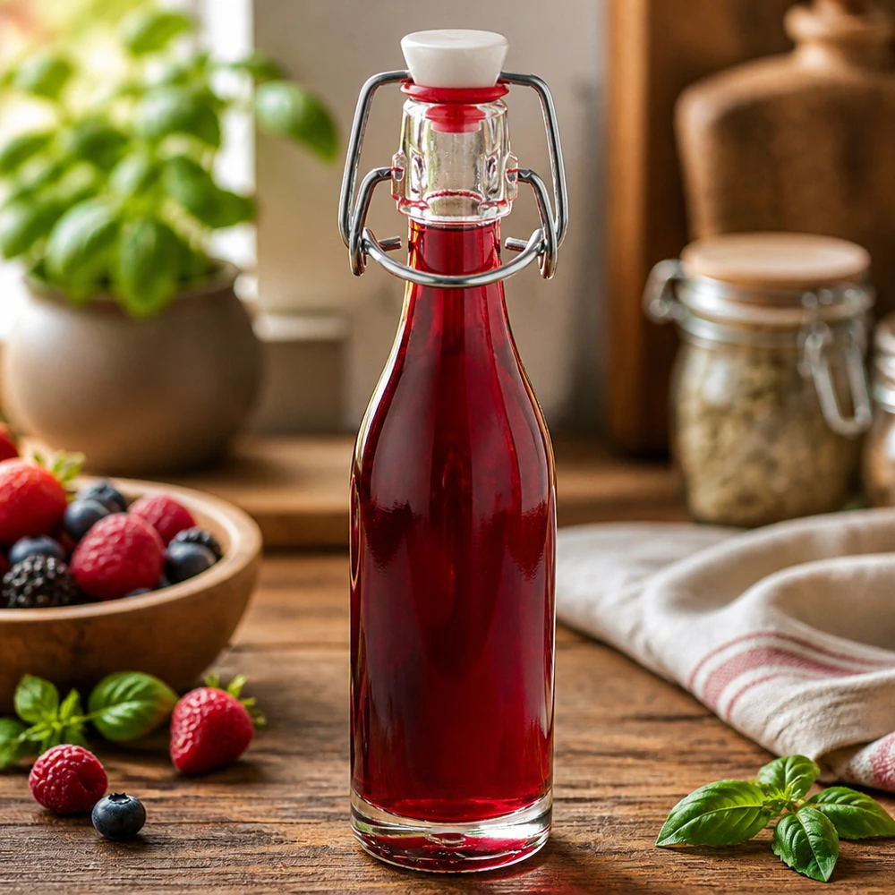 Bottiglia di vetro da 50 ml con tappo girevole, riempita con succo di bacche rosse circondato da fragole e mirtilli freschi.