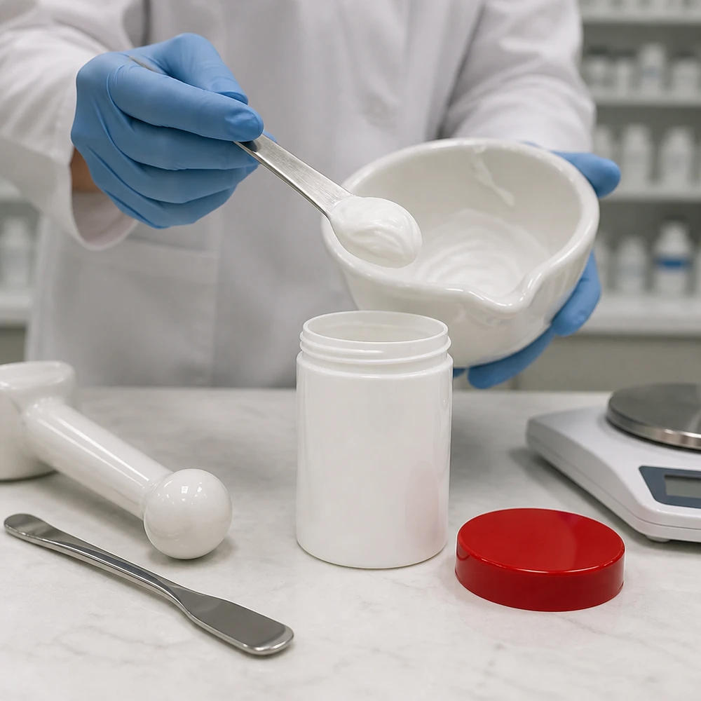 Pot à onguent blanc 150 g avec couvercle rouge (PP) Fabrication d'une formule personnalisée dans un pot blanc de 150 g avec couvercle rouge en PP, dans un laboratoire en salle blanche