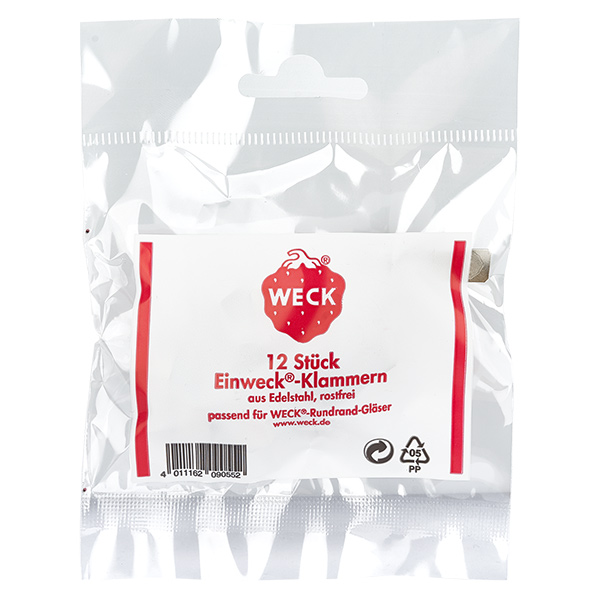 Morsetti originali WECK (confezione da 12) WECK morsetti per conserve 12 pezzi in acciaio inox per barattoli a bordo tondo Confezione originale del prodotto