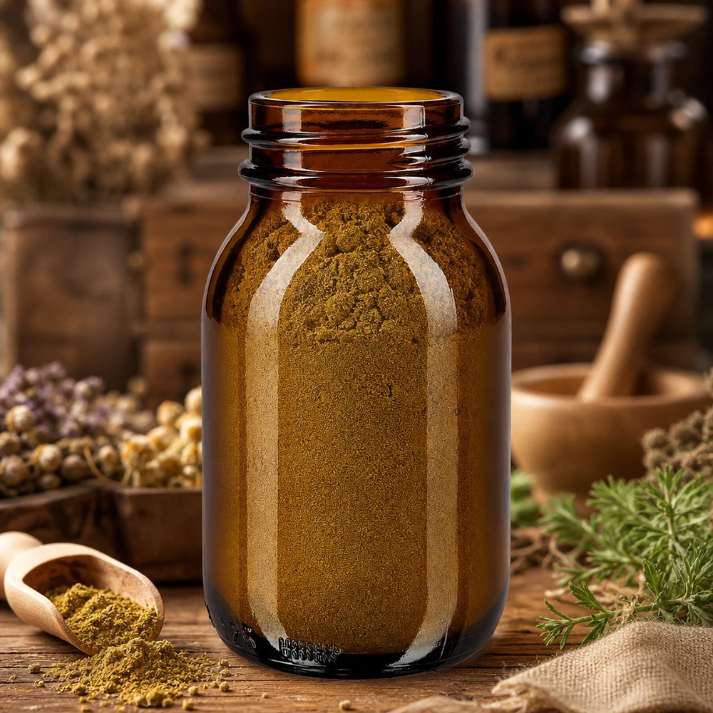 Bottiglia da farmacista da 125 ml in vetro ambrato con ampia apertura per polveri di erbe e spezie