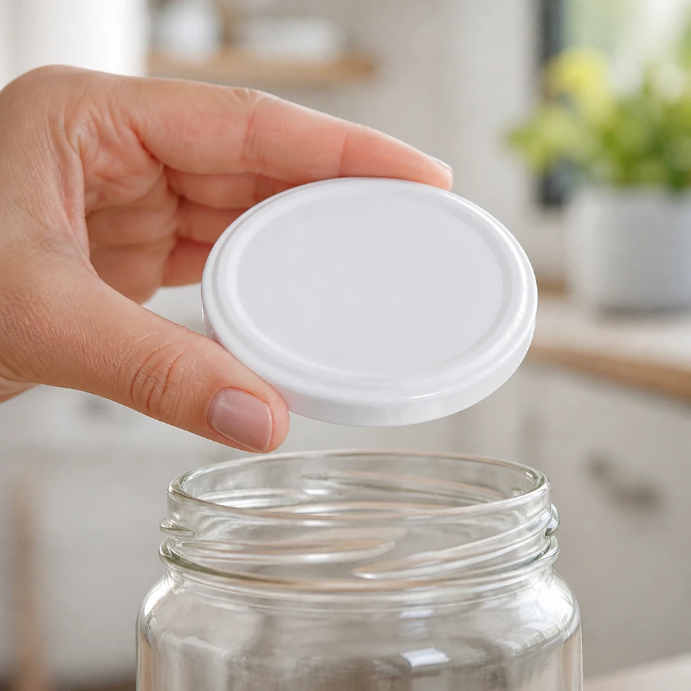 Weisser TO58 Twist-Off Verschluss 58mm wird auf leeres Schraubglas gesetzt BioSeal BPA-frei