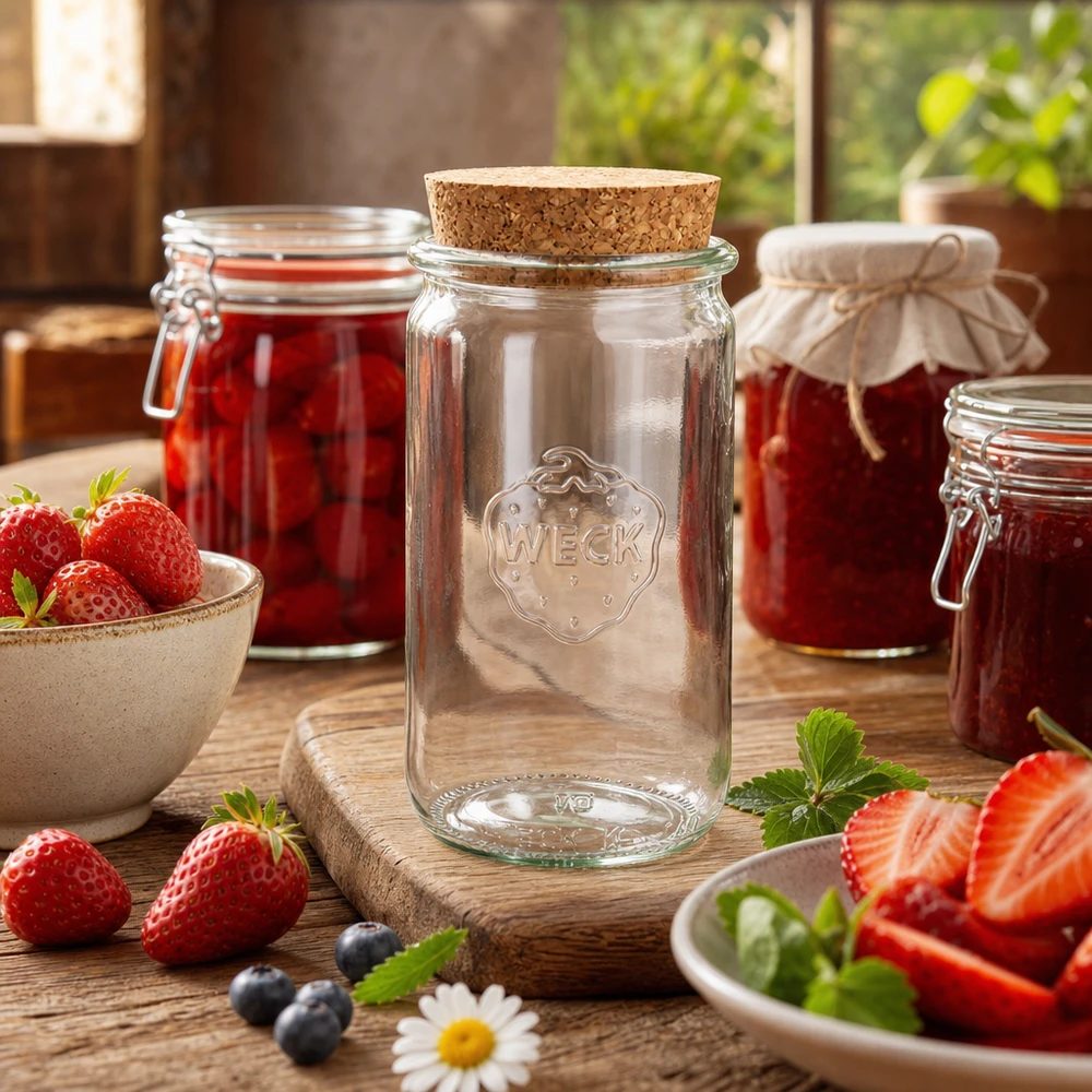 WECK 340ml vaso cilindrico RR60 con tappo in sughero naturale in ambiente cucina decorato con fragole fresche e barattoli da conserva