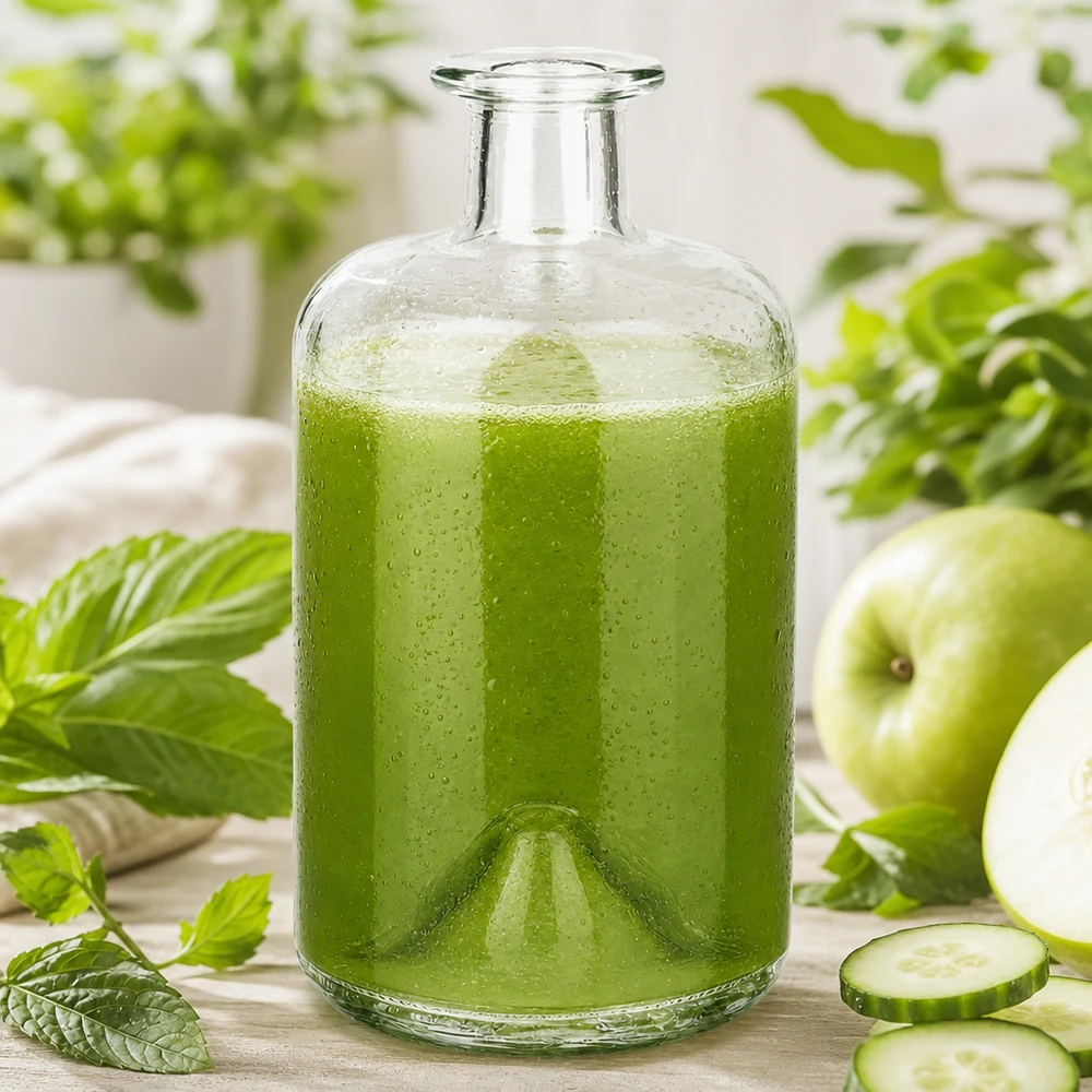 500ml bottiglia di vetro Sofia riempito con verde frullato cetriolo mela menta detox bevanda apothecary bottiglia cucina