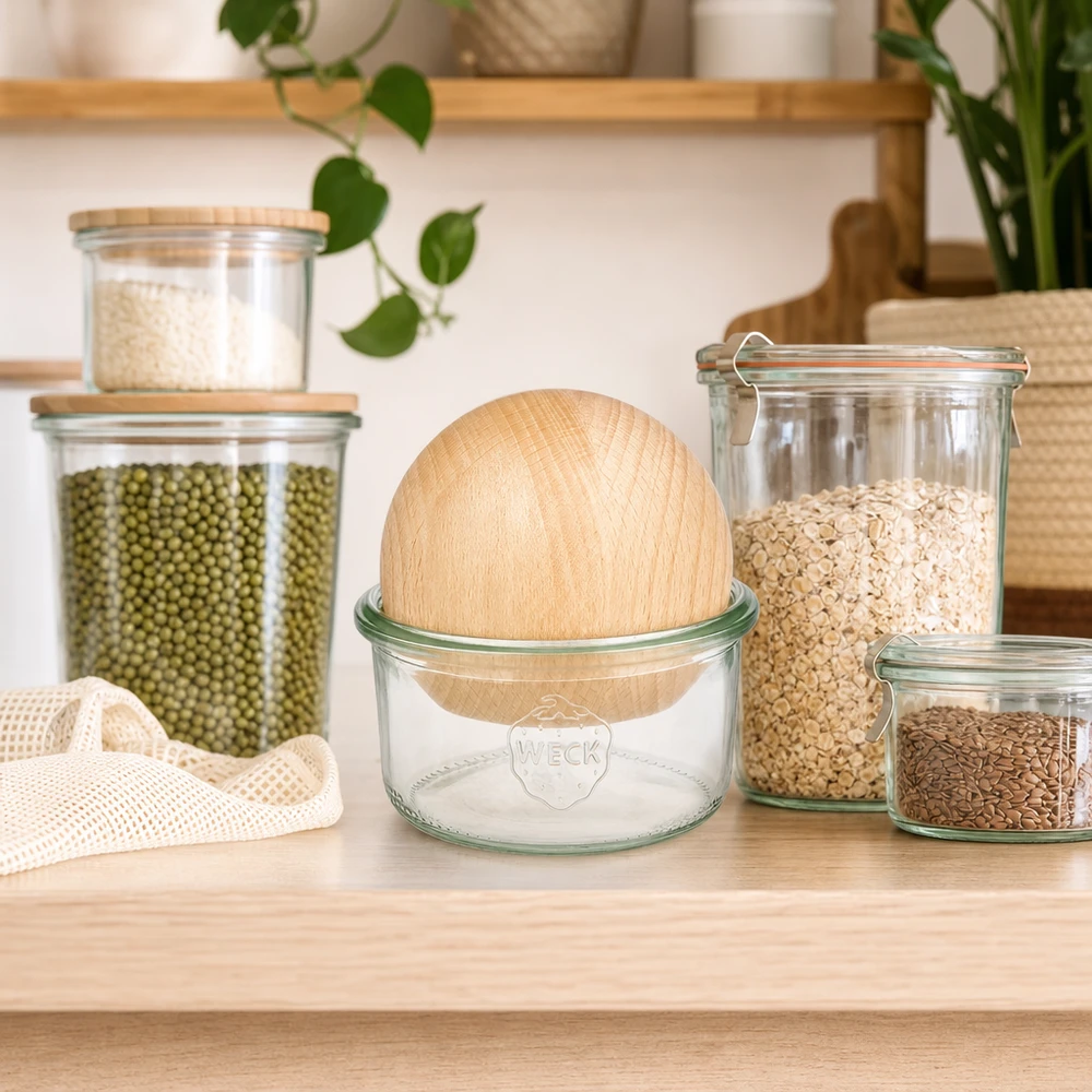 WECK Sturzglas 165ml RR80 mit Buchenkugel-Deckel in nachhaltiger Zero-Waste-Küche neben Vorratscontainern