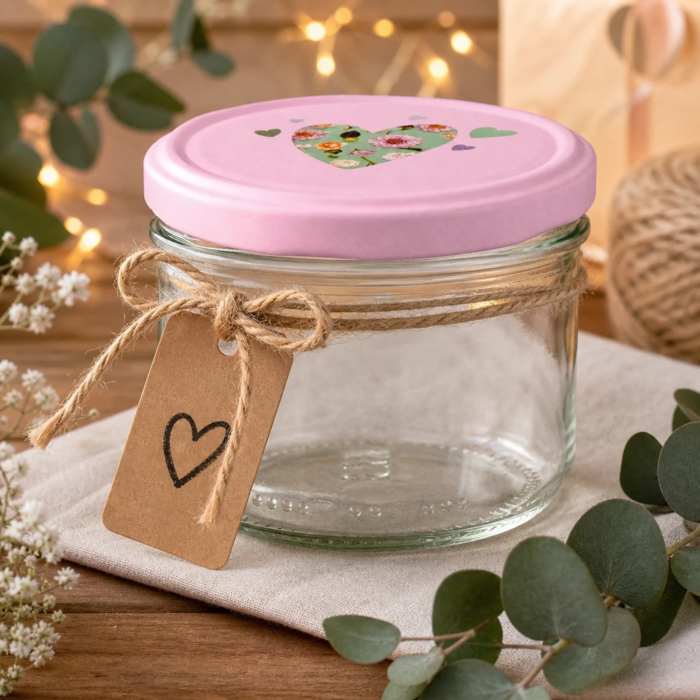 230ml Zylinderglas + BasicSeal Deckel Herz rosa 230ml Zylinderglas mit rosa Herz-Deckel dekorativ arrangiert mit Juteband, Anhänger und Eucalyptus als Geschenkidee