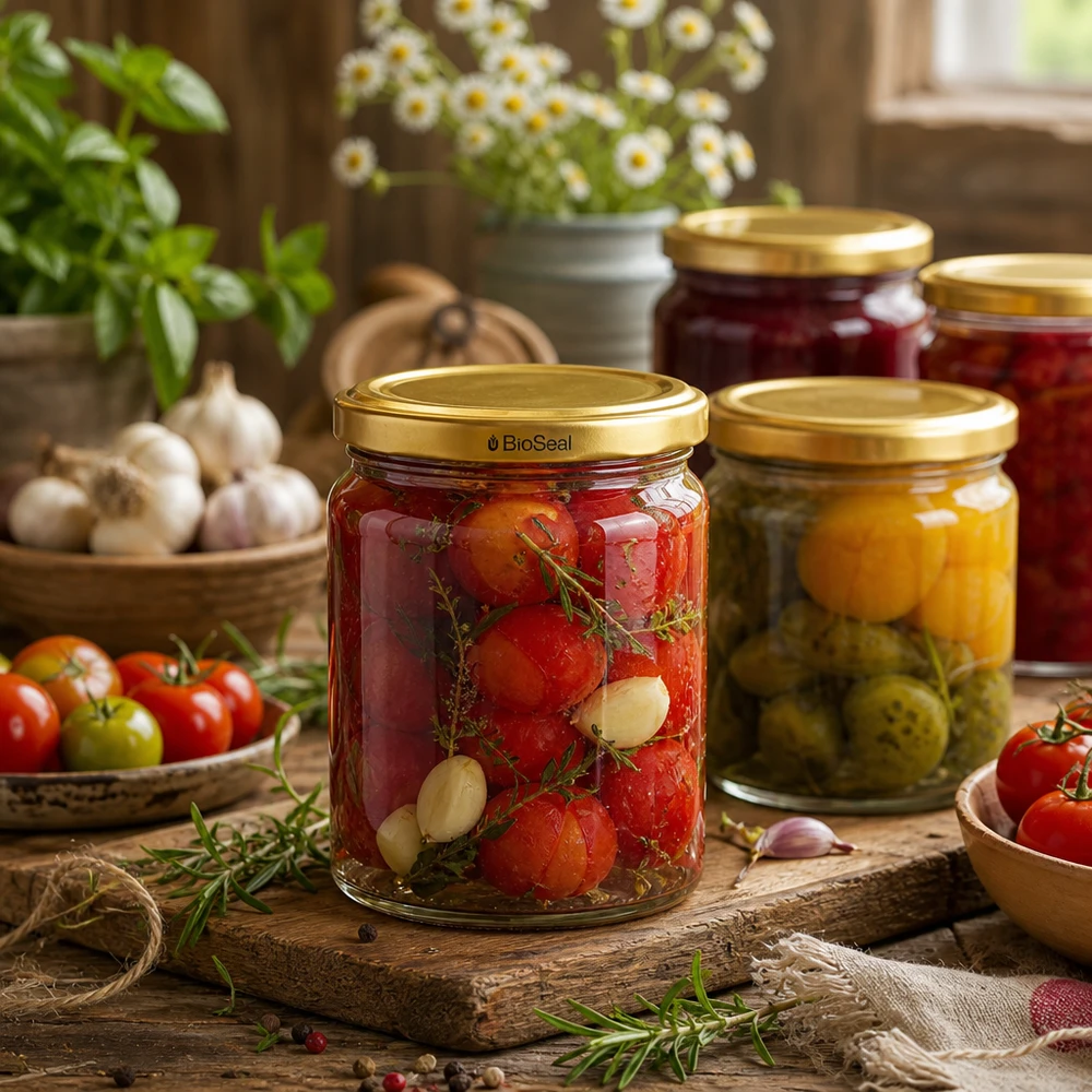 Barattolo UNiTWIST Runda408 con coperchio TO82 BioSeal per la conservazione di pomodori e verdure in una cucina rustica