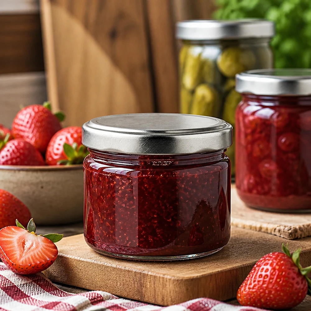 Vaso rotondo da 540 ml con coperchio d'argento per marmellata e confettura, vaso da conserva con fragole su un tavolo di legno