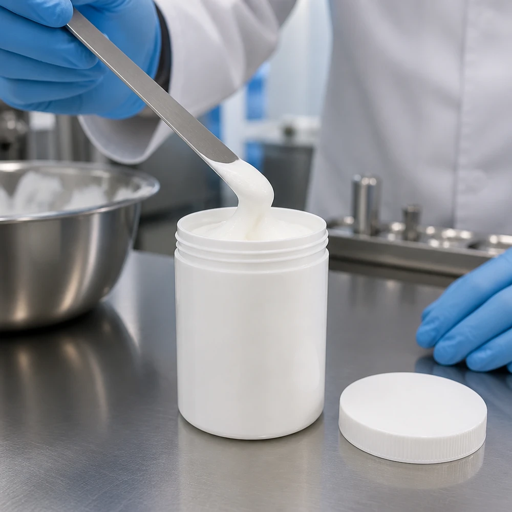 Pot de pharmacie de 75 g en PP blanc, doté d'une large ouverture facilitant le remplissage de crèmes
