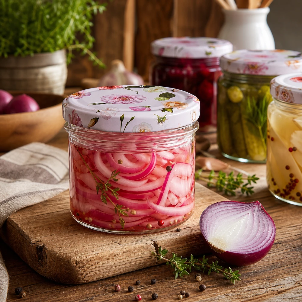 225ml Sturzglas + BasicSeal Deckel Blume rosa UNiTWIST Eingelegte rote Zwiebeln in 225ml Sturzglas mit rosa Blumen BasicSeal Deckel - Fermentation und Gemüsekonservierung