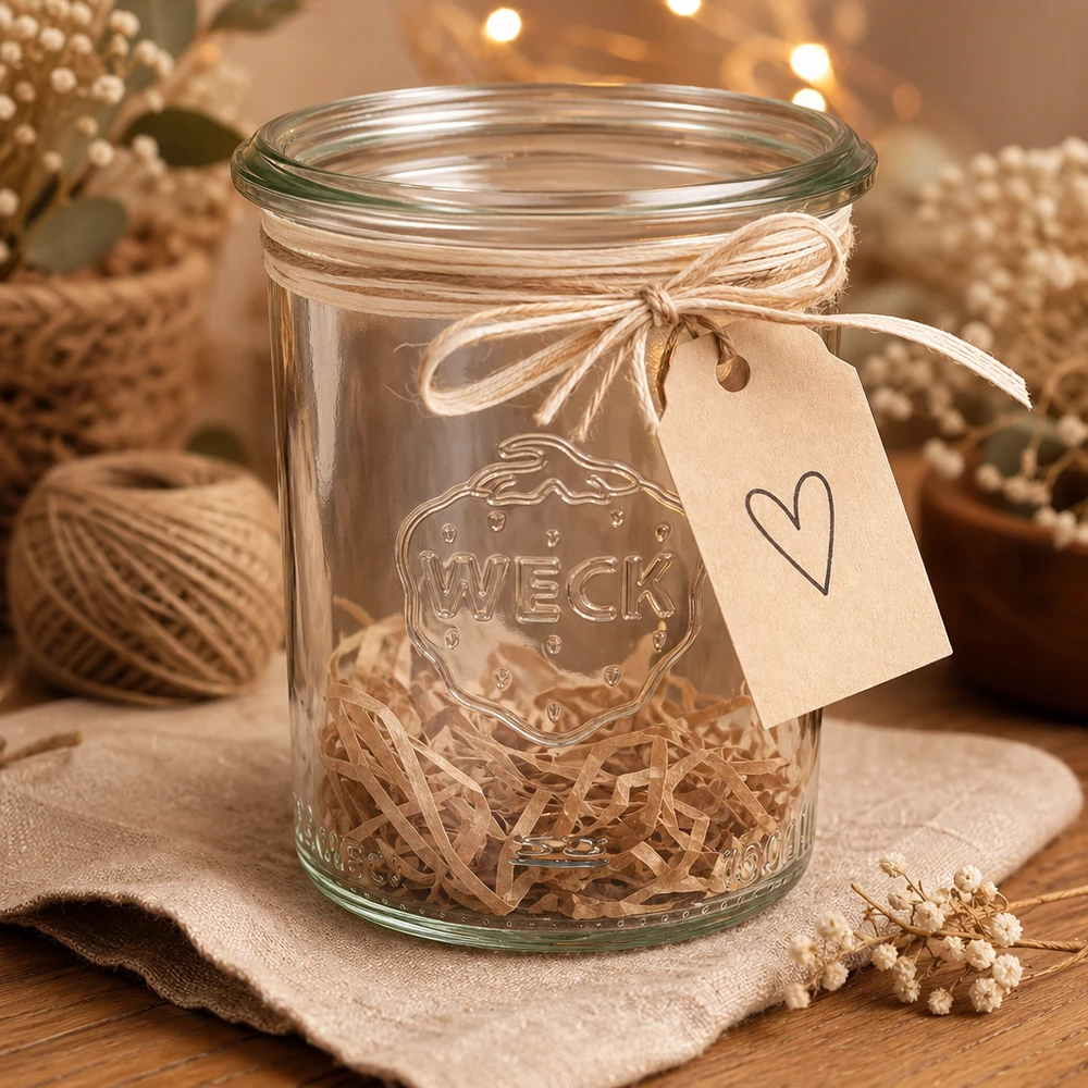 160ml Sturzglas WECK RR60 mit Herzanhänger und Bastschnur als Geschenkverpackung auf Holztisch dekoriert