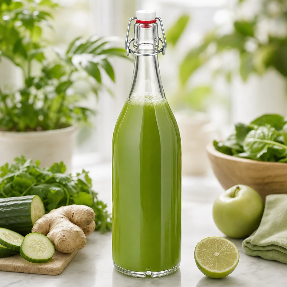 Bottiglia di vetro da 1000ml + piano oscillante in porcellana UN. Bottiglia di vetro da 1000 ml con tappo oscillante riempita di succo verde circondato da ingredienti freschi come il cetriolo e lo zenzero.