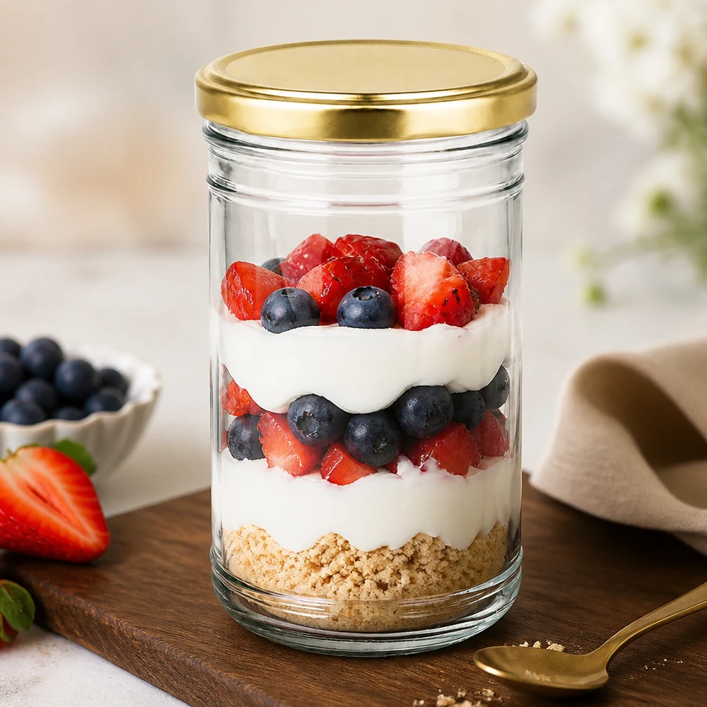 Dessert a strati con frutti di bosco e yogurt in un vasetto di vetro da 1053 ml con coperchio dorato come idea di dessert salutare