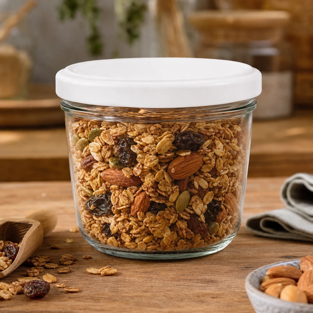 Barattolo da 230 ml con coperchio BasicSeal riempito con muesli e noci, perfetto per la conservazione di alimenti secchi.