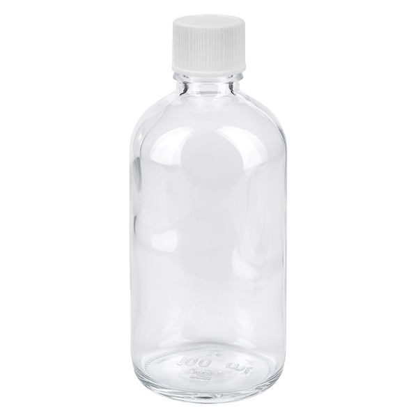 Bottiglia da 100ml 11mm SV bianco STD ClearLine UT18/100 Flacone in vetro trasparente da 100 ml con tappo a vite bianco da 11 mm, serie ClearLine UT18
