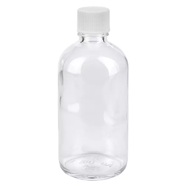 Flacon en verre transparent de 100 ml avec bouchon à vis blanc de 11 mm, série ClearLine UT18