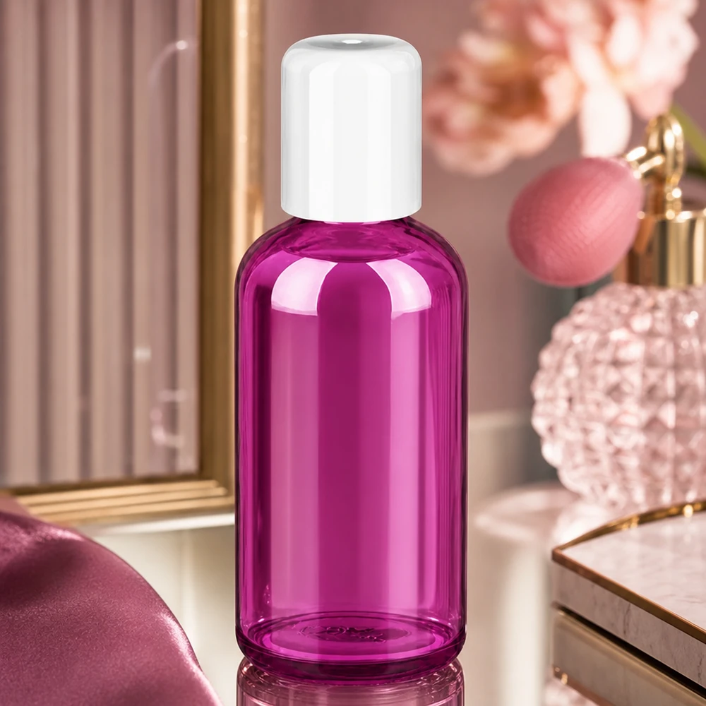Moderno flacone in vetro da 100 ml con applicatore roll-on in un attraente colore viola per l'industria cosmetica