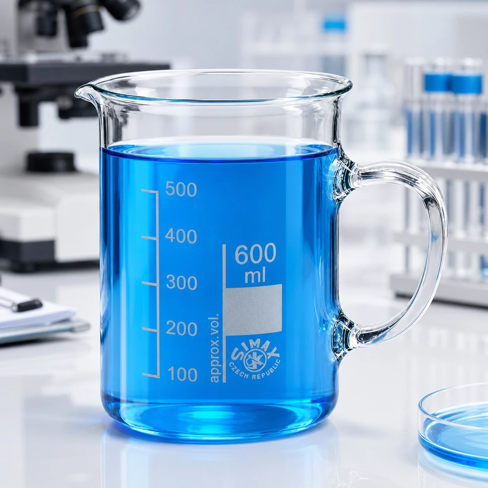 Becher da laboratorio trasparente da 600 ml con manico, riempito di liquido blu, in laboratorio