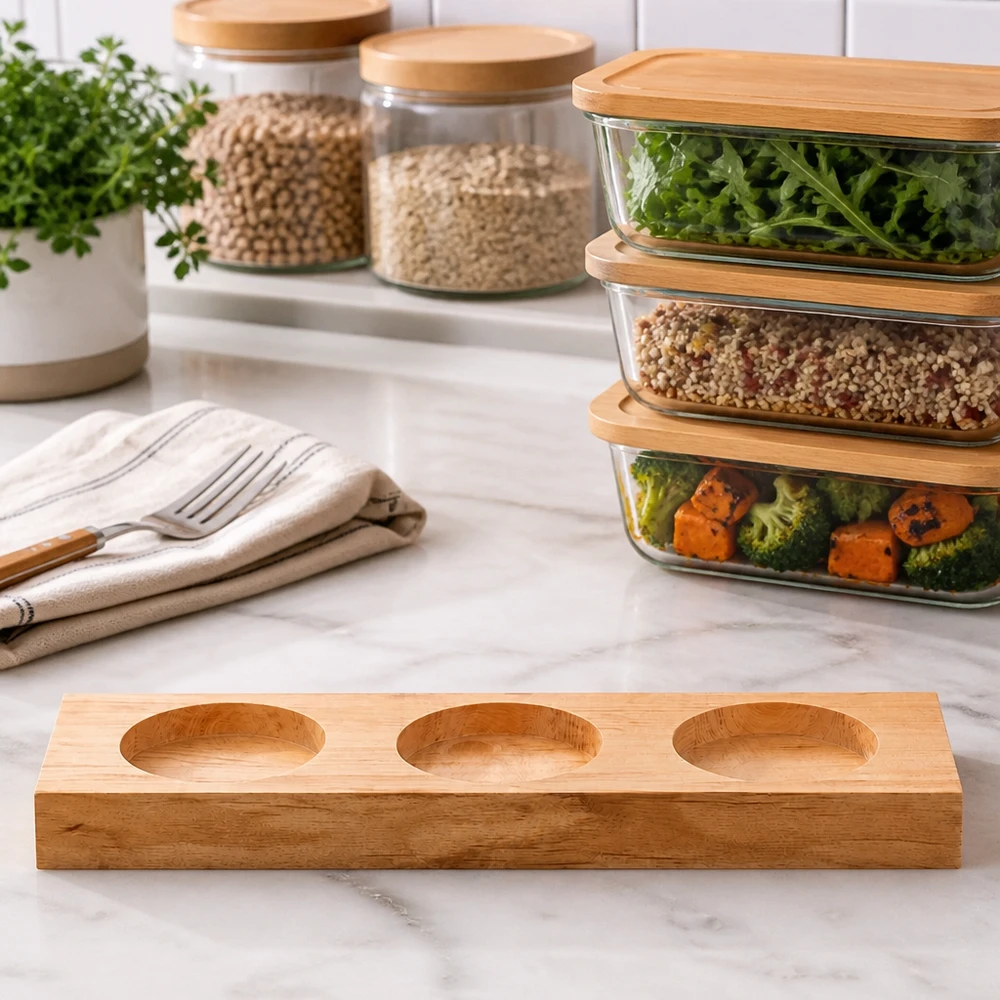 Tagliere Plano3 per 3 barattoli WECK Tavola da portata in bambù Plano3 su bancone in marmo in una cucina moderna con contenitori per la preparazione dei pasti e barattoli di conservazione