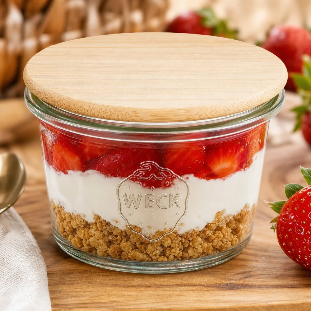 35ml Mini Sturzglas WECK RR40 mit Holzdeckel WECK Mini Sturzglas 35ml RR40 mit Bambus Holzdeckel gefüllt mit Erdbeer-Schichtdessert auf Holzbrett mit frischen Erdbee